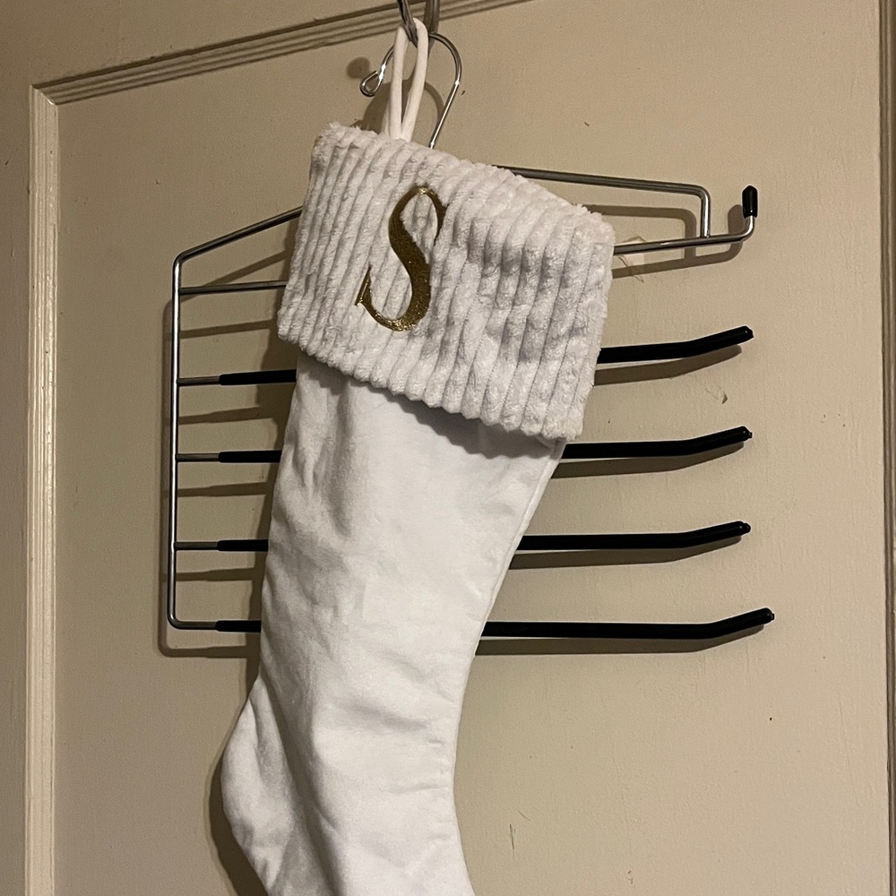 White Christmas Stocking with Gold Initial